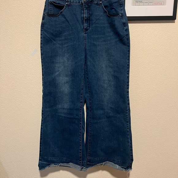Blue Flare Wide Leg Jeans with Raw Hem - Picture 1 of 4